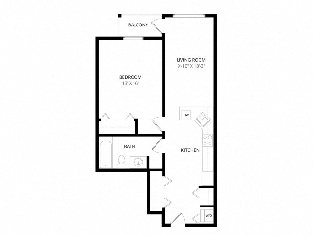 Floor plan for 1 bed, 1 bath, 740 sqft