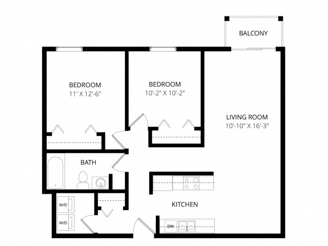 Floor plan for 2 beds, 1 bath, 830 sqft