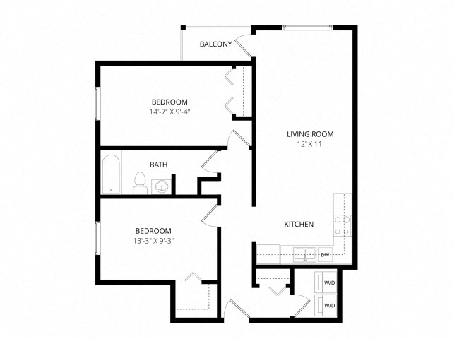 Floor plan for 2 beds, 1 bath, 830 sqft