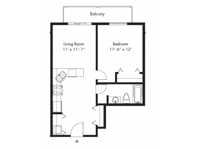 Floor plan for 1 bed, 1 bath, 640 sqft
