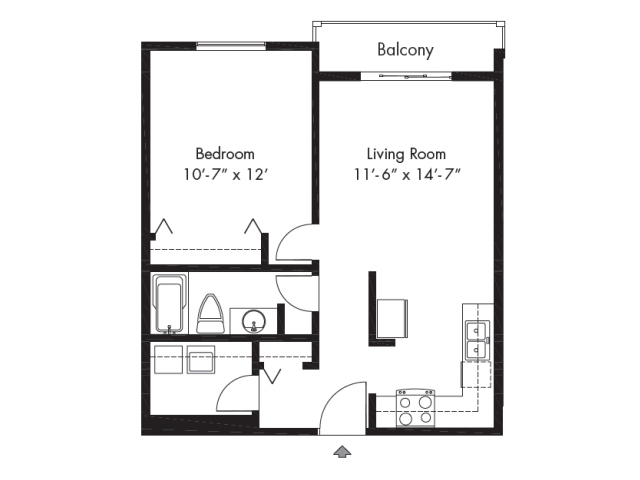 Floor plan for 1 bed, 1 bath, 620 sqft