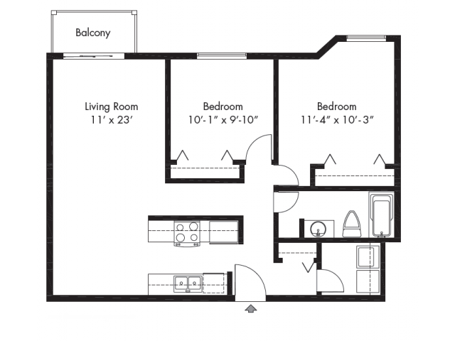 Floor plan for 2 beds, 1 bath, 883 sqft
