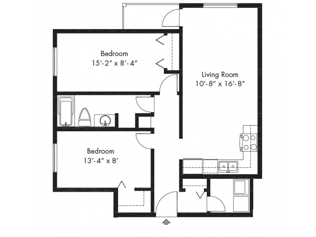 Floor plan for 2 beds, 1 bath, 883 sqft