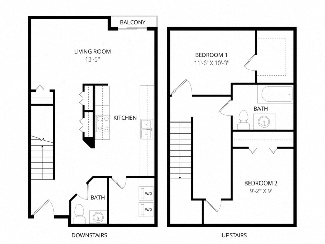 Floor plan for 2 beds, 1.5 baths, 1076 sqft