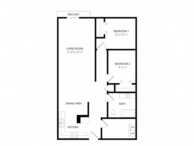 Floor plan for 2 beds, 1 bath, 884 sqft
