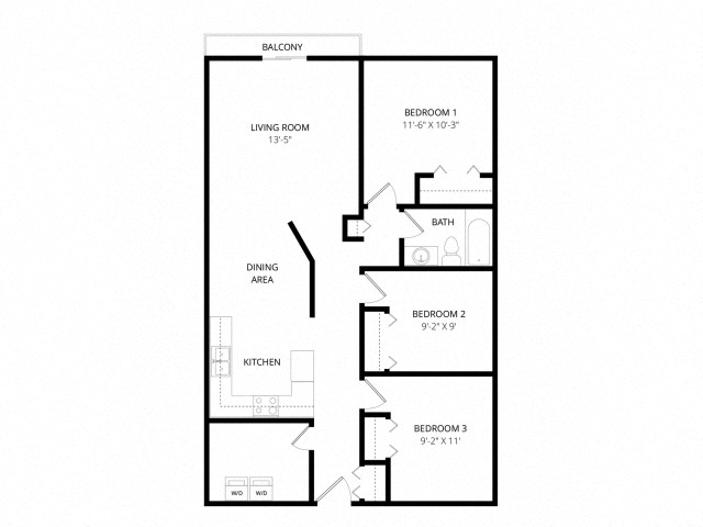 Floor plan for 3 beds, 1 bath, 1024 sqft