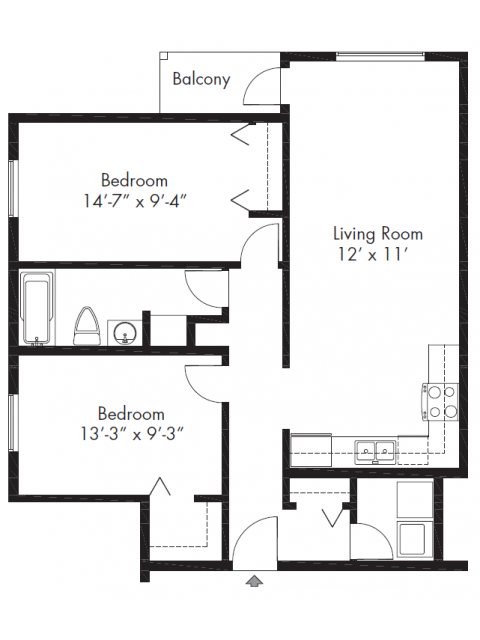 Floor plan for 2 beds, 1 bath, 800 sqft