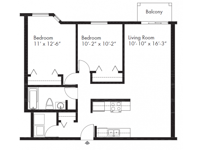 Floor plan for 2 beds, 1 bath, 800 sqft