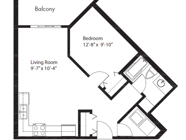 Floor plan for 1 bed, 1 bath, 740 sqft