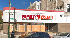 Chicago apartment for rent - the facade of a family dollar store with cars parked in front