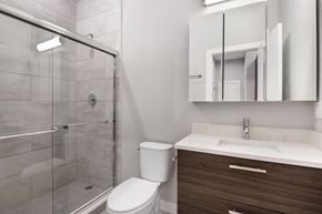 Chicago apartment for rent - a bathroom with a shower toilet and sink and a mirror