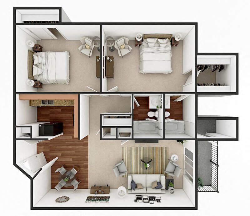 Floor plan for 2 beds, 2 baths, 978 sqft