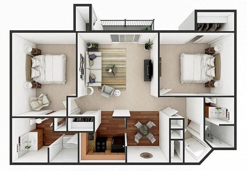 Floor plan for 2 beds, 2 baths, 1025 sqft