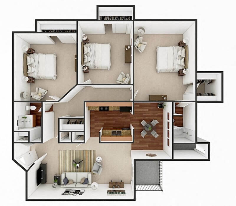 Floor plan for 3 beds, 2 baths, 1220 sqft
