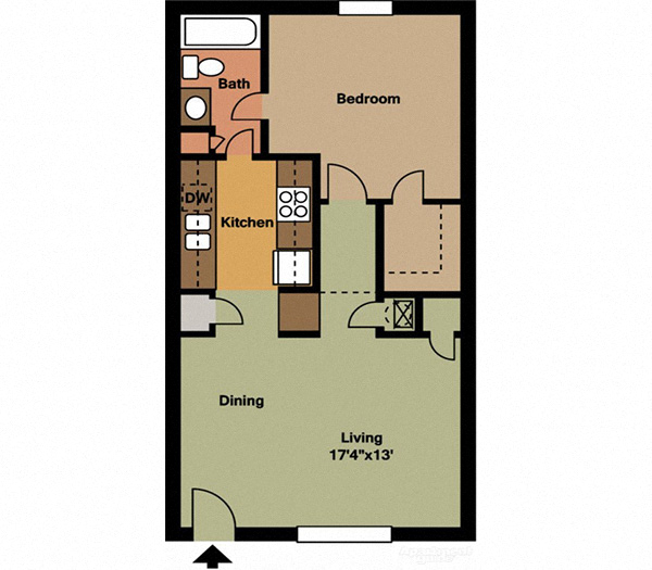 Floor plan for 1 bed, 1 bath, 657 sqft