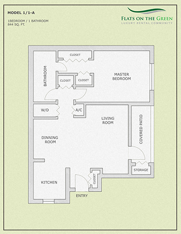 Floor plan for 1 bed, 1 bath, 844 sqft