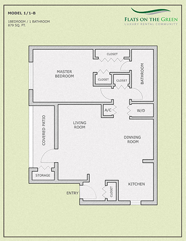 Floor plan for 1 bed, 1 bath, 879 sqft