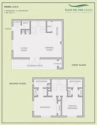 Floor plan for 2 beds, 2.5 baths, 1391 sqft