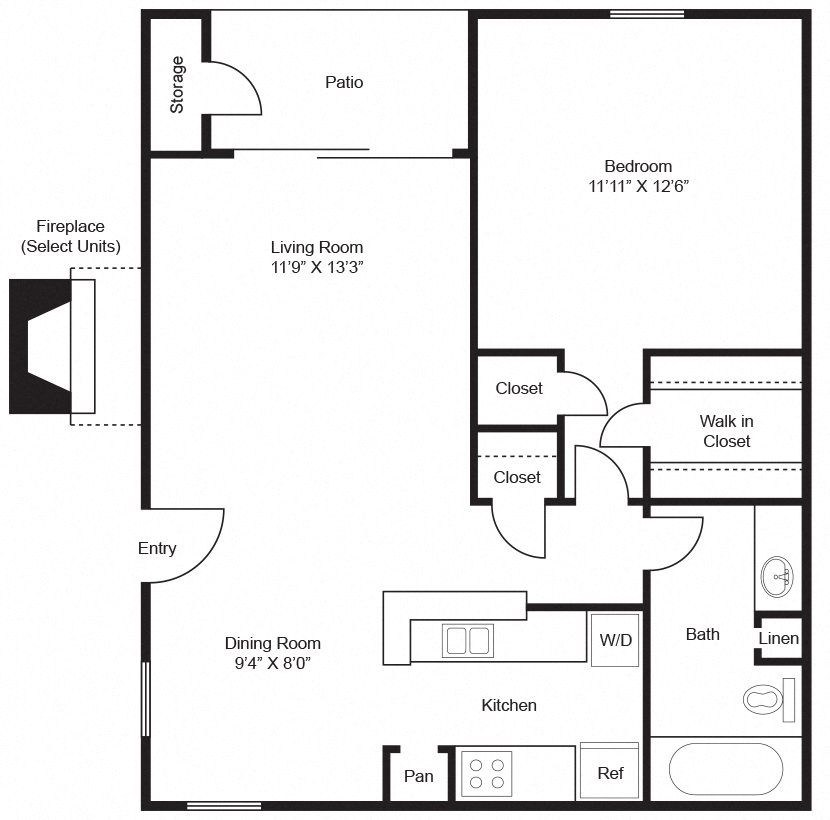 Floor plan for 1 bed, 1 bath, 700 sqft