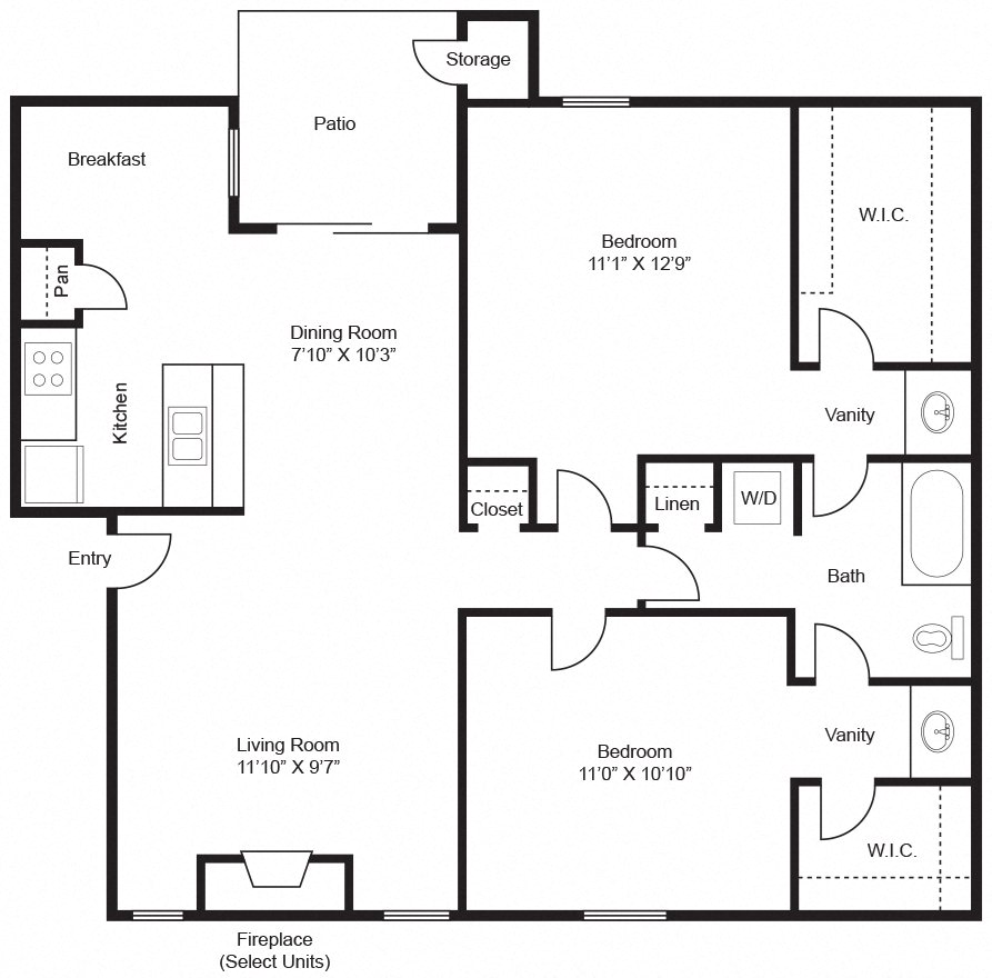 Floor plan for 2 beds, 1 bath, 940 sqft