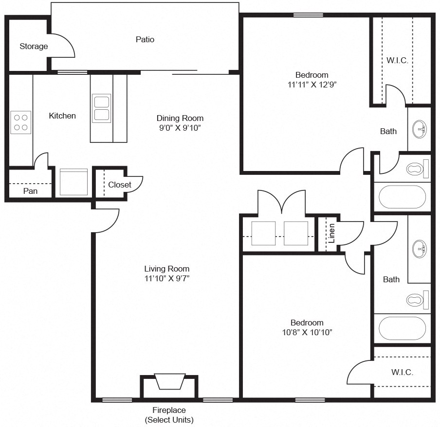 Floor plan for 2 beds, 2 baths, 1020 sqft