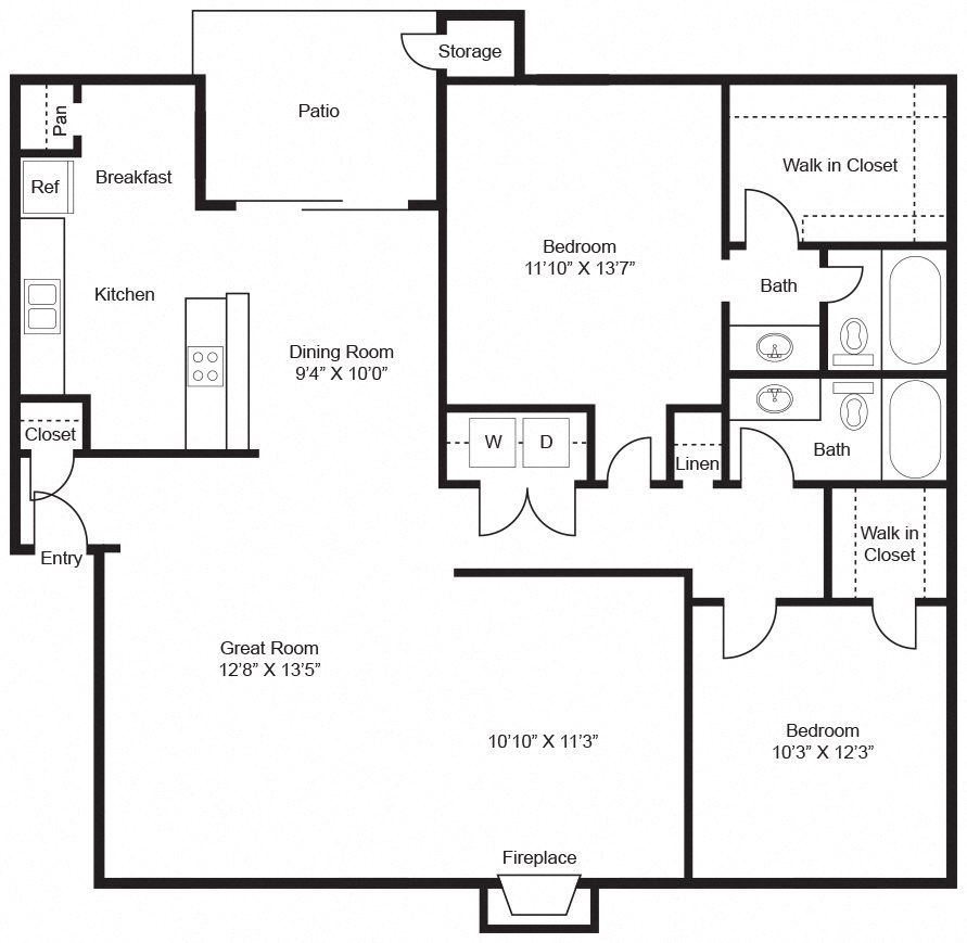 Floor plan for 2 beds, 2 baths, 1300 sqft