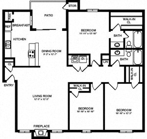 Floor plan for 3 beds, 2 baths, 1300 sqft