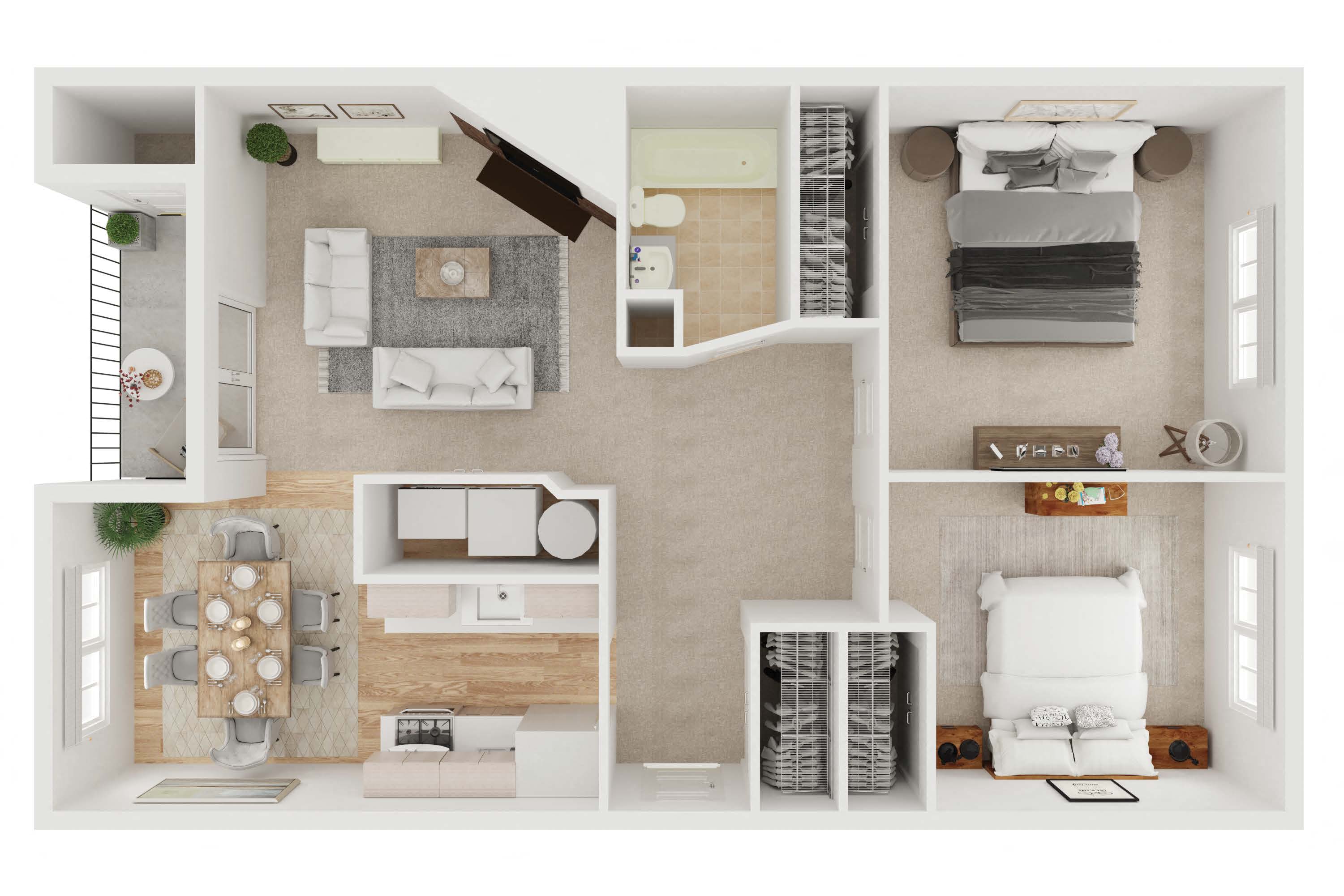 Floor plan for 2 beds, 1 bath, 791 sqft