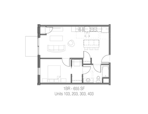 Floor plan for 1 bed, 1 bath, 655 sqft