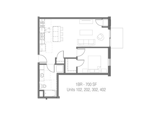 Floor plan for 1 bed, 1 bath, 700 sqft