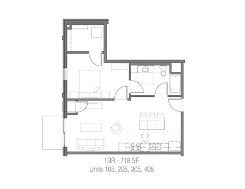 Floor plan for 1 bed, 1 bath, 718 sqft