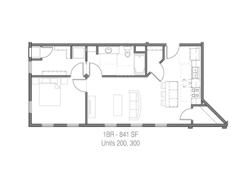 Floor plan for 1 bed, 1 bath, 841 sqft