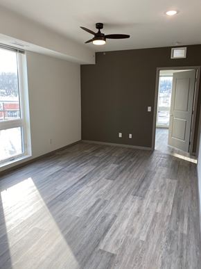 Rochester apartment for rent - A room with a ceiling fan and light fixture, and a door leading to another room.