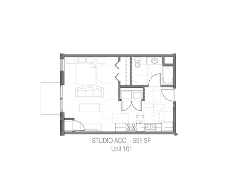 Floor plan for 1 bed, 1 bath, 551 sqft