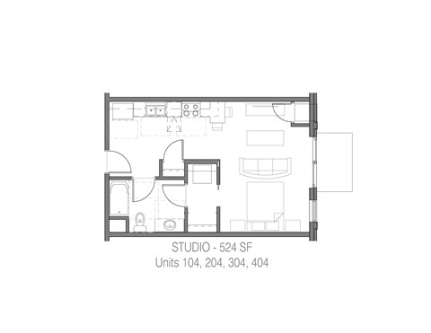 Floor plan for 1 bed, 1 bath, 524 sqft