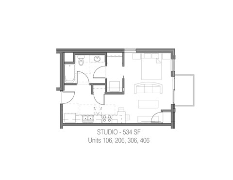 Floor plan for 1 bed, 1 bath, 534 sqft