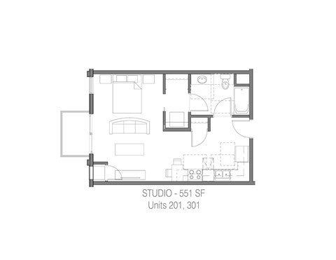 Floor plan for 1 bed, 1 bath, 551 sqft