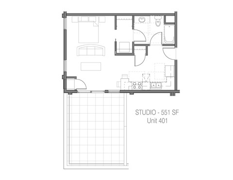 Floor plan for 1 bed, 1 bath, 551 sqft