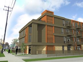 Rochester apartment for rent - A modern building with orange accents and people walking on the sidewalk.