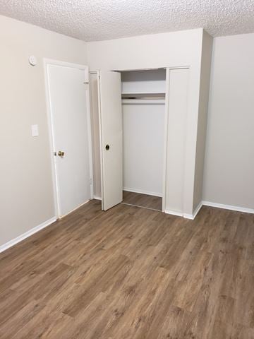 Colorado Springs apartment for rent - a bedroom with white walls and wood flooring and a closet