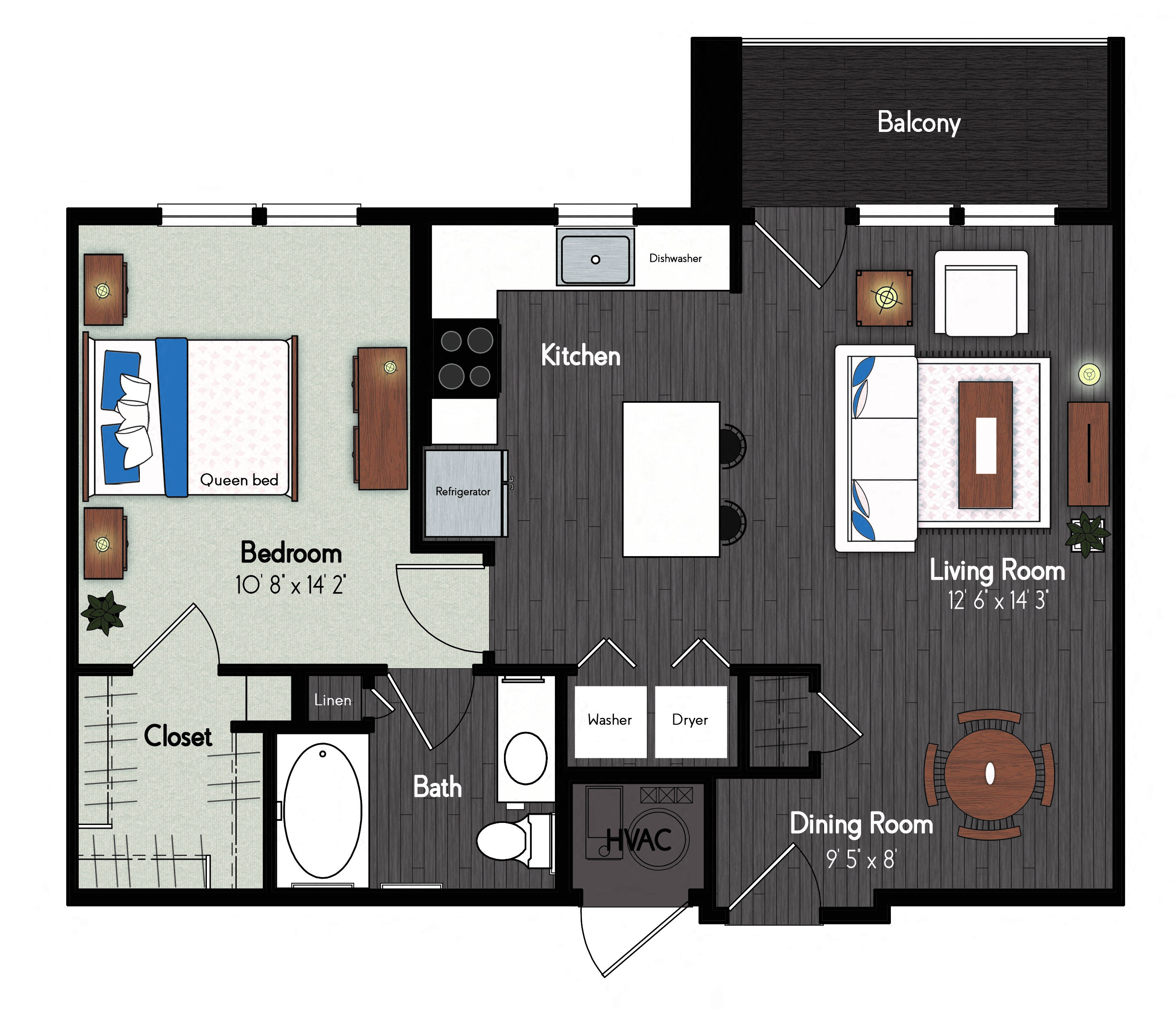 Floor plan for 1 bed, 1 bath, 766 sqft