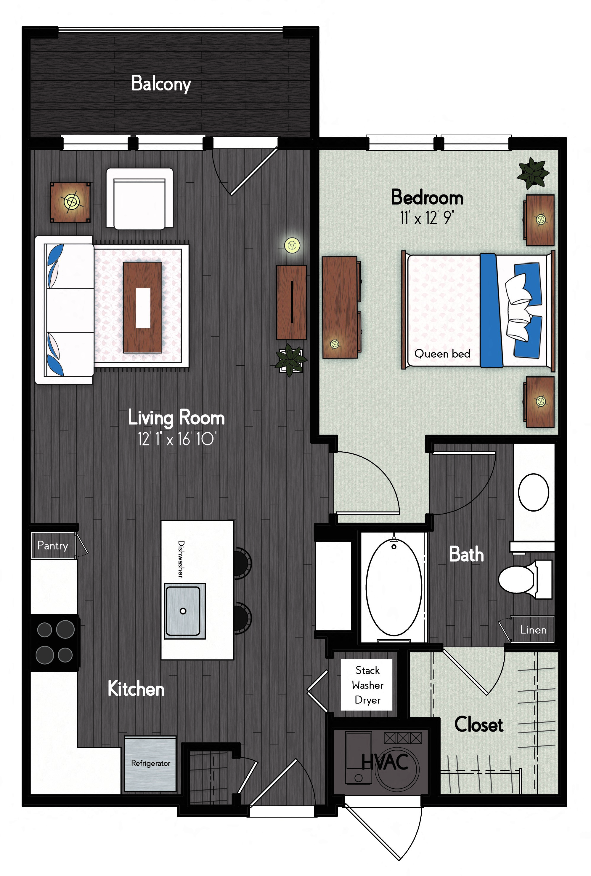 Floor plan for 1 bed, 1 bath, 737 sqft