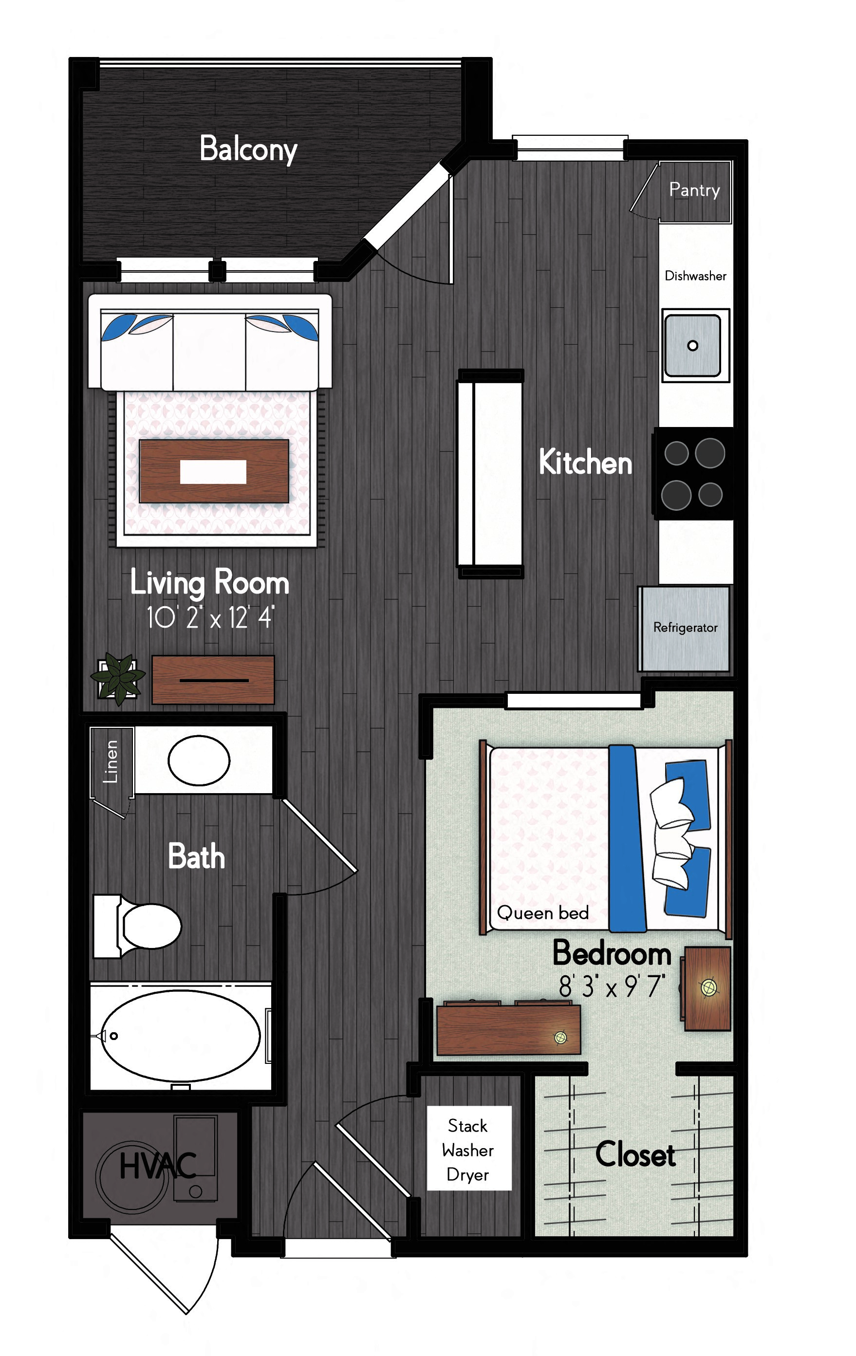 Floor plan for studio, 1 bath, 588 sqft