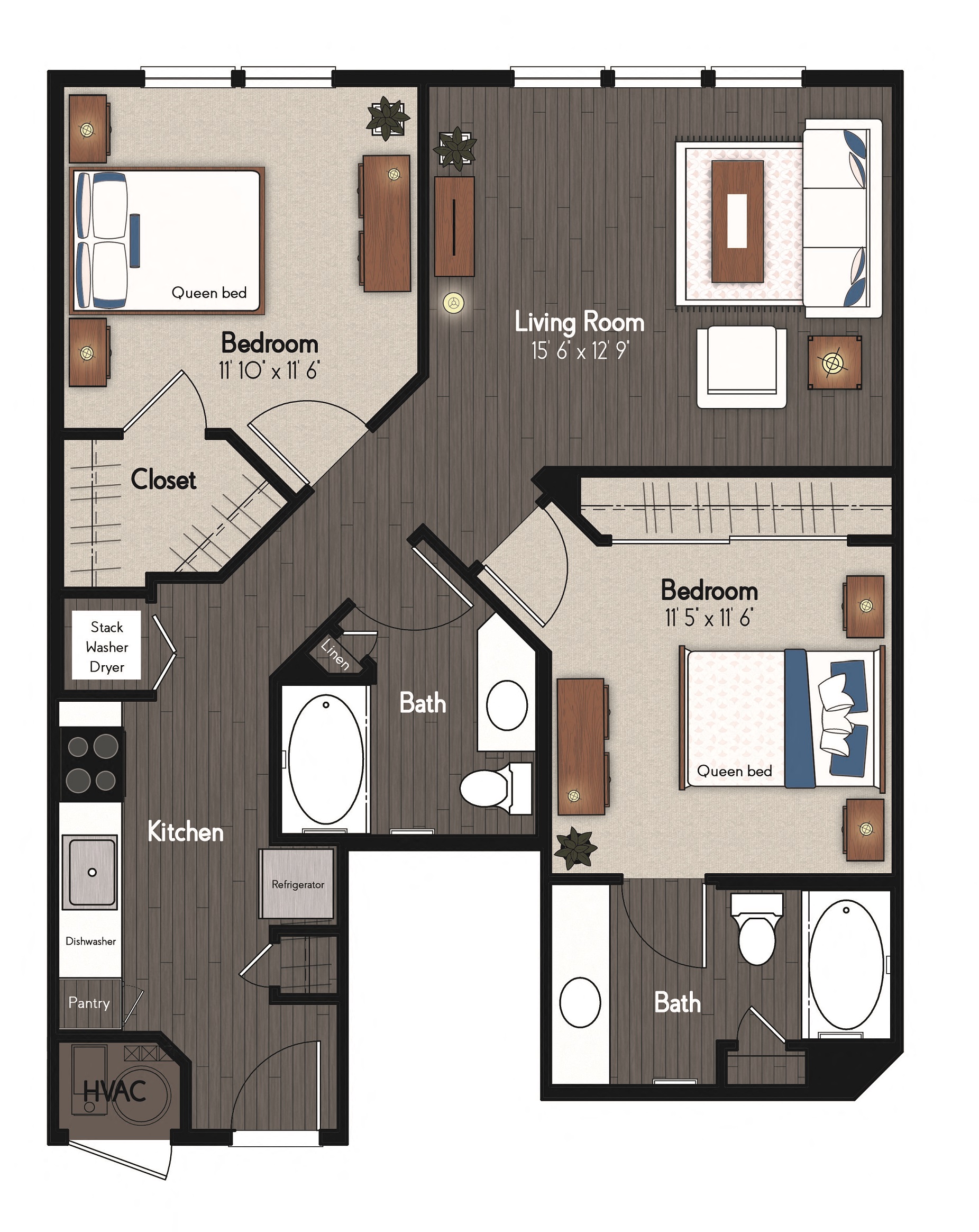 Floor plan for 2 beds, 2 baths, 943 sqft