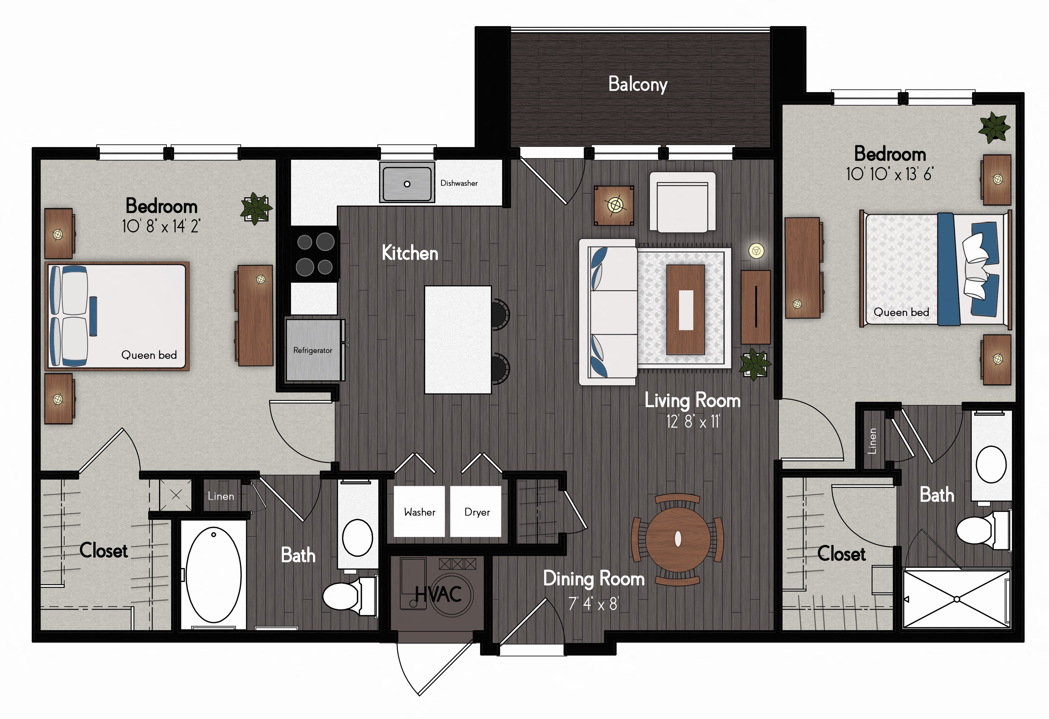 Floor plan for 2 beds, 2 baths, 1041 sqft