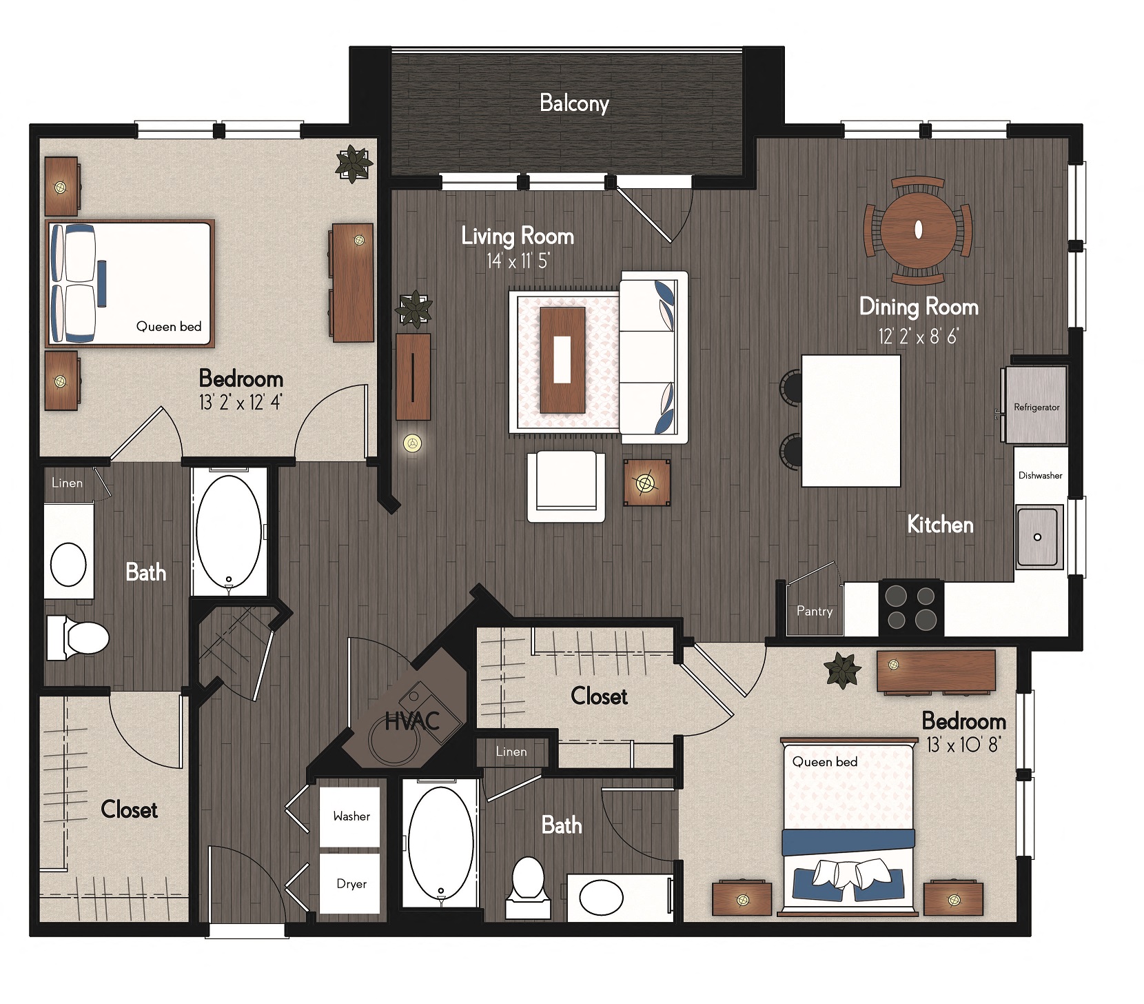 Floor plan for 2 beds, 2 baths, 1225 sqft