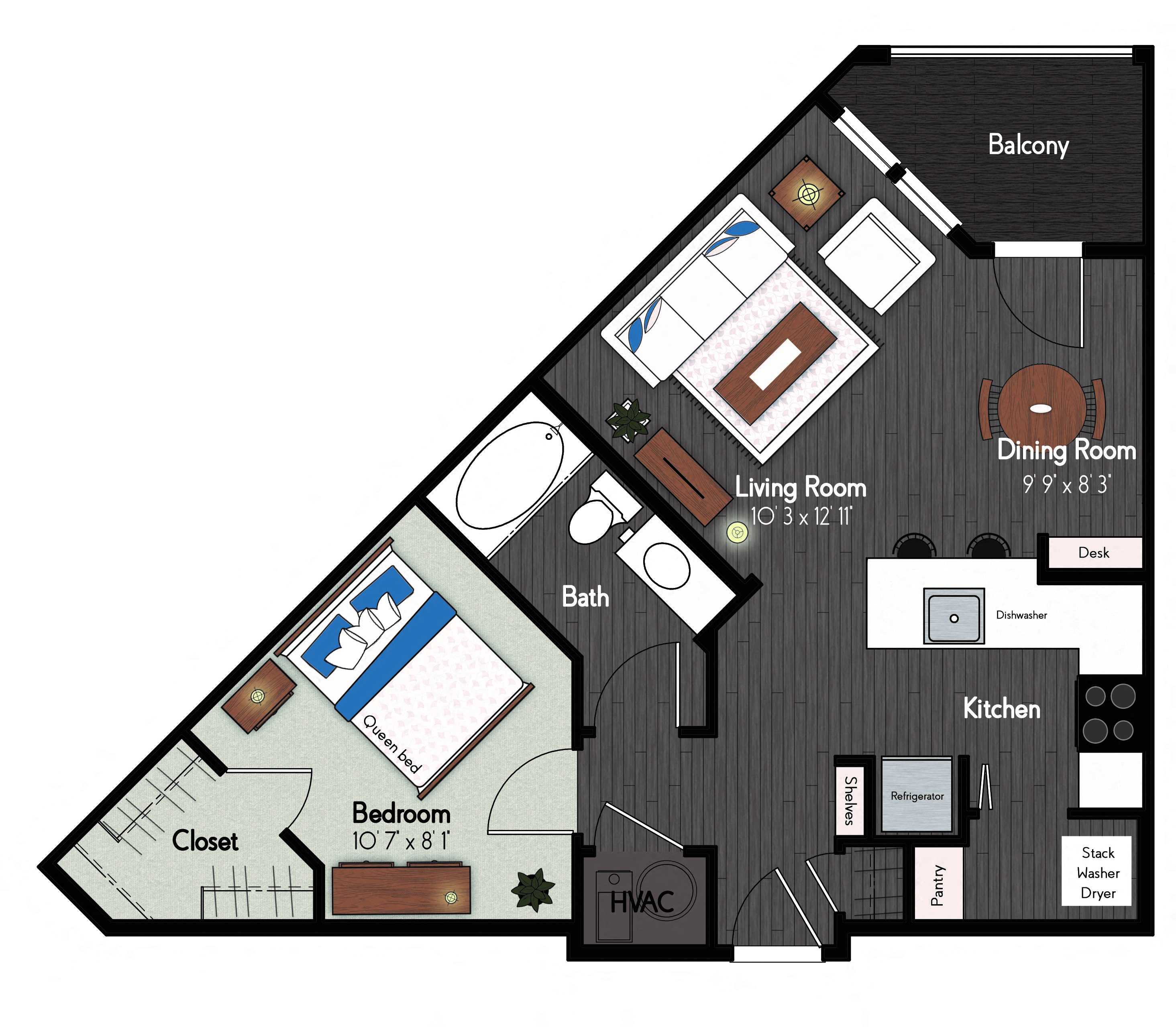 Floor plan for studio, 1 bath, 667 sqft