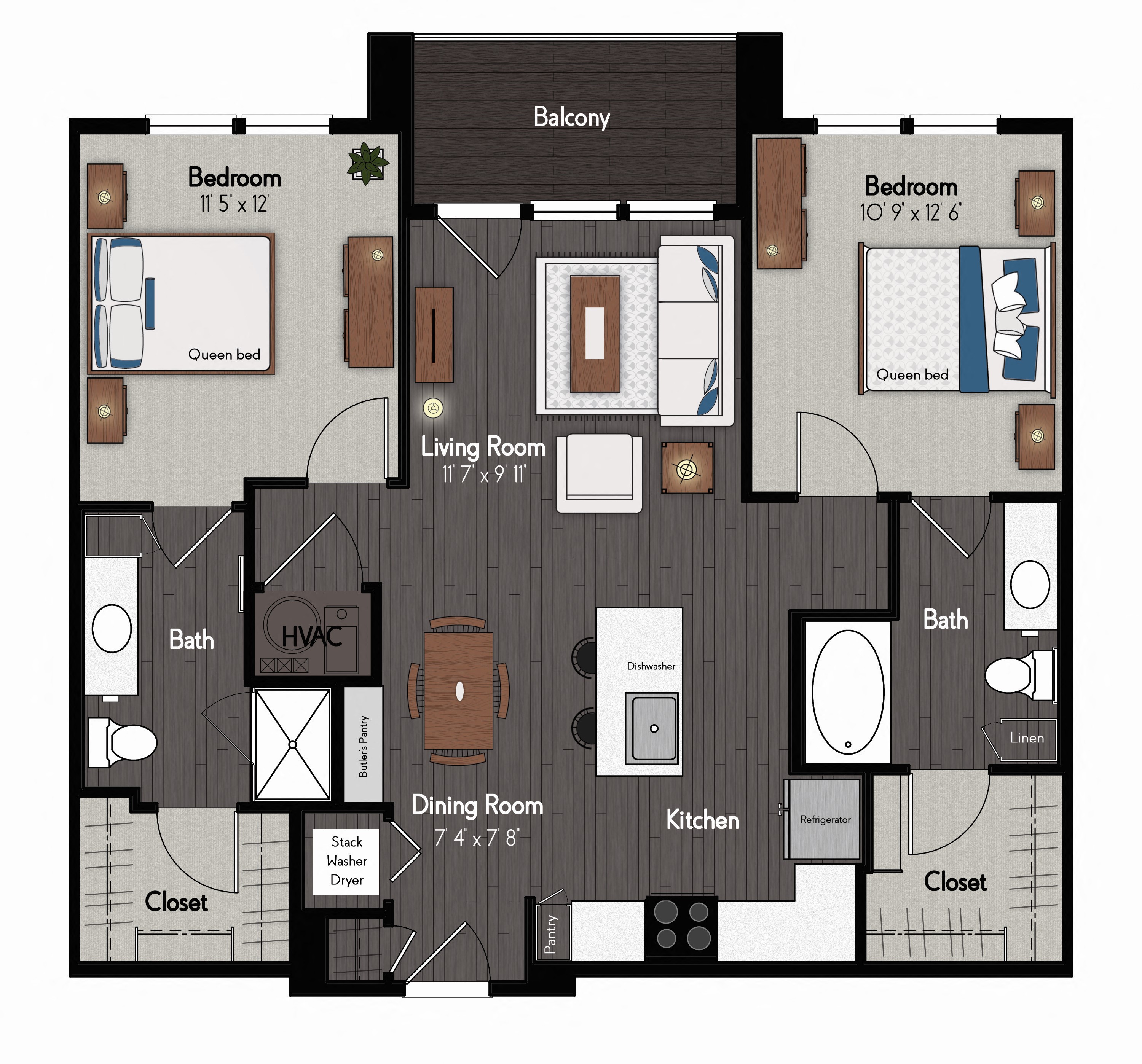 Floor plan for 2 beds, 2 baths, 1025 sqft