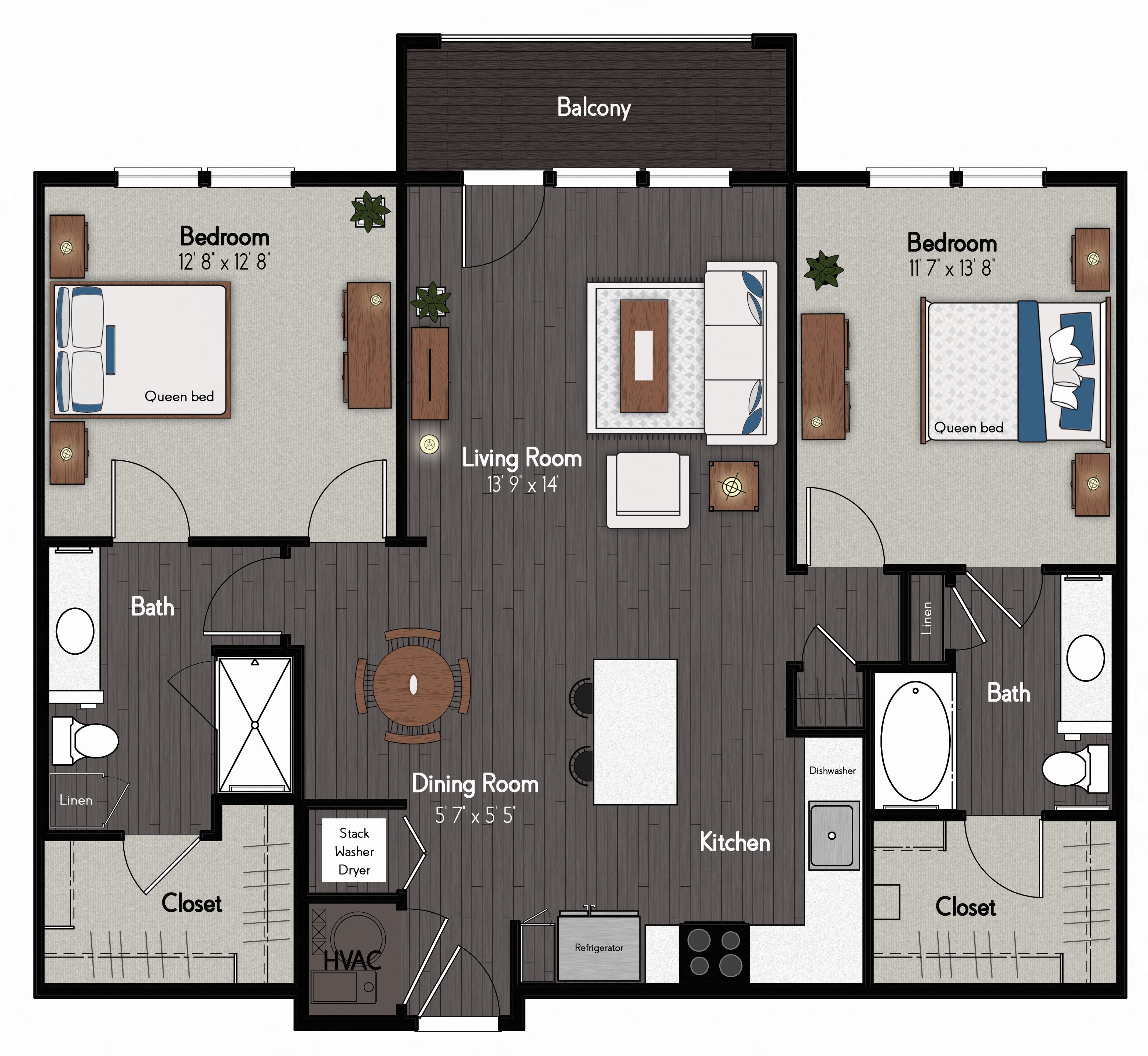 Floor plan for 2 beds, 2 baths, 1200 sqft