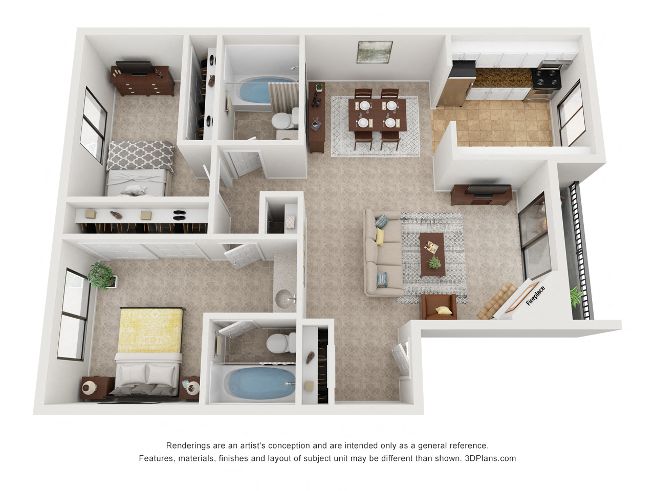 Floor plan for 2 beds, 2 baths, 962 sqft